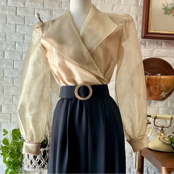 Vintage J.R. Nites by Caliendo Sheer Gold Puff Sleeve Jeweled Belted Jumpsuit - Picture 4 of 16